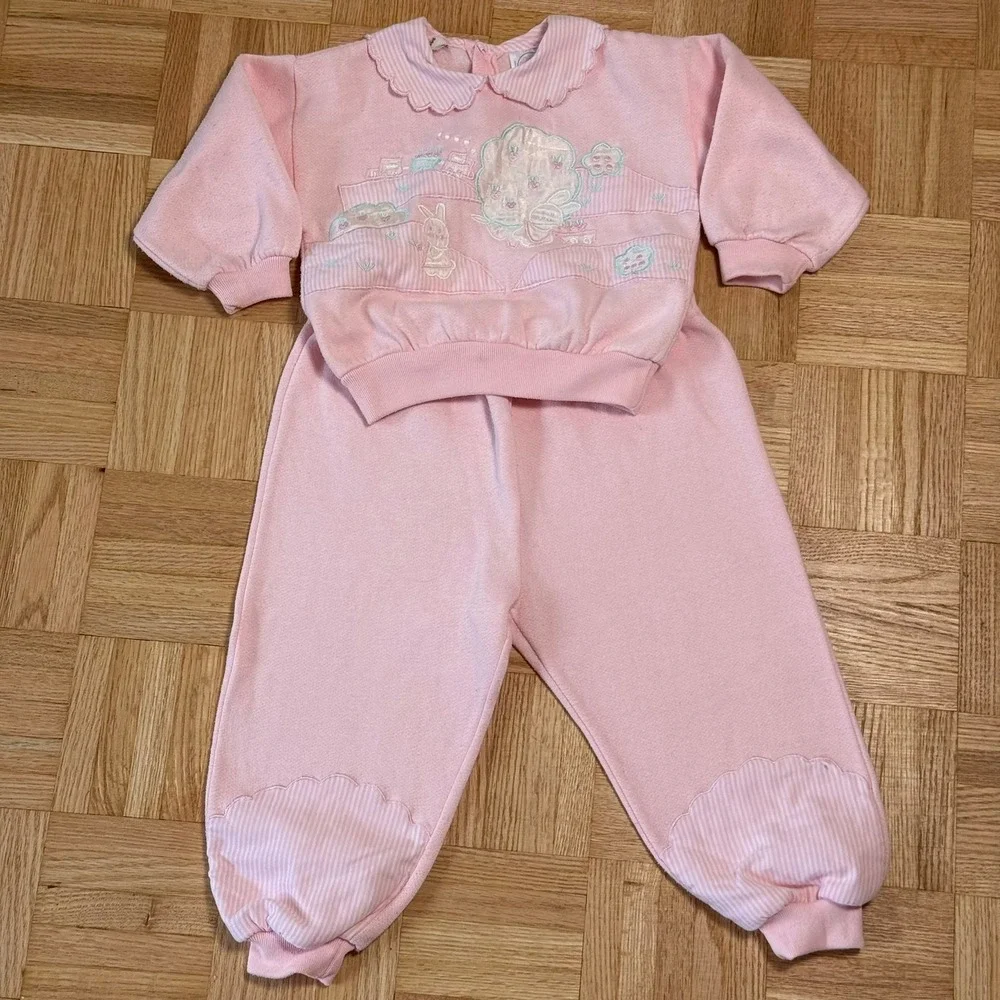 Vintage Crackerjack Pink Fleece Sweatshirt Pants Set 24M Bunny Train Embroidered - Picture 7 of 10